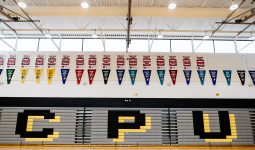 Bleachers in a gym with 