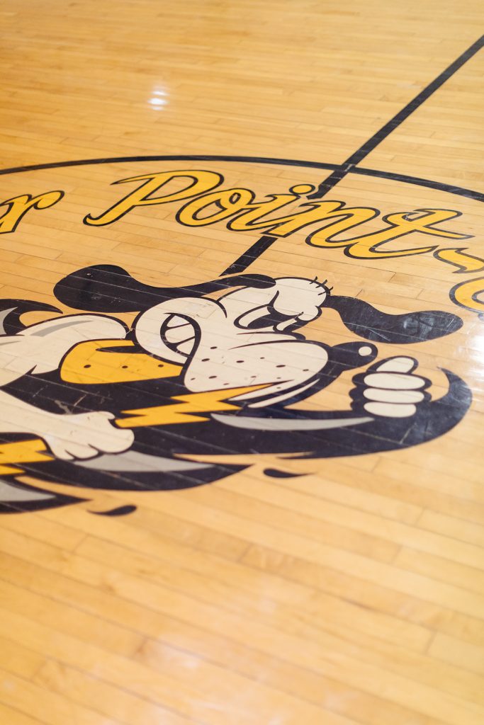 CPU stormin' pointer logo printed on a gymnasium floor