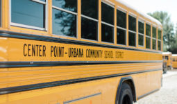 View of a school bus that says 